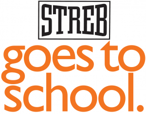 Image reads "STREB goes to school." in black and orange text.